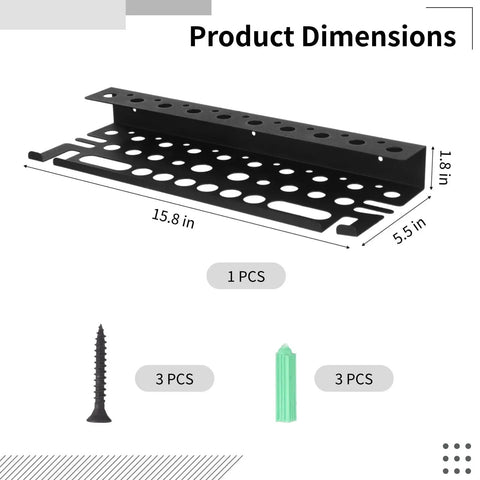 Wall Mount Tool Organizer for Screwdrivers and Pliers Easy Install Space Saving Wall Rack shown with dimensions and screws