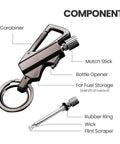 All In One 3 In 1 Outdoor Lighter With Windproof Flame Reusable Match And Built In Multitool Keychain Bottle Opener Waterproof And Lightweight Everyday Carry Ready Design Two Tone Gold And Silver Finish For Any Adventure components diagram