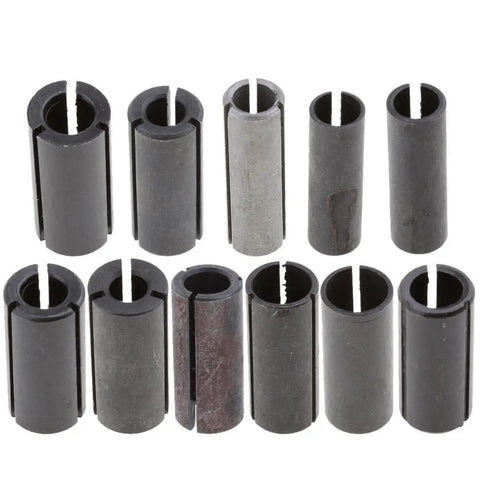 Heavy Duty Collet Chuck Adapter Kit With 5 Router Bit Milling Cutter Drivers; black machined collet adapters for precision work.