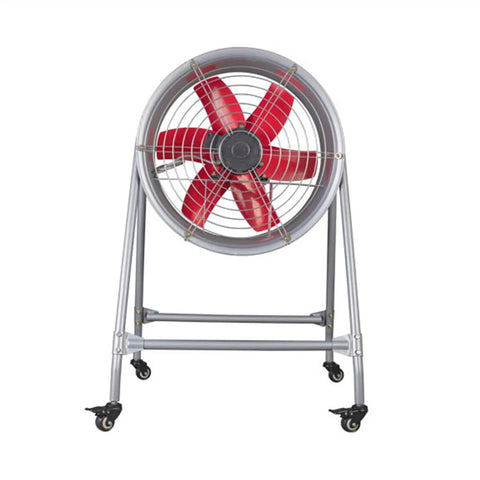 Built Tough 20 Inch Floor Ventilation Fan With Heavy Duty Exhaust Capability And Commercial Grade Rolling Stand, red blades.