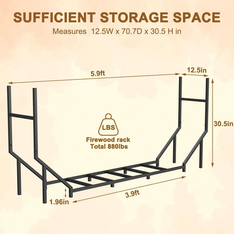 Diagram showing dimensions of Beefy 5.9ft Firewood Rack Holder For Indoor Outdoor Use Heavy Duty Steel Wood Storage