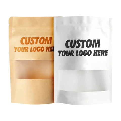 Custom Print Kraft Paper Bags With Window Stand Up Zipper Lock Pouch For Snacks, Tea, Coffee Reusable Packaging For Small Biz