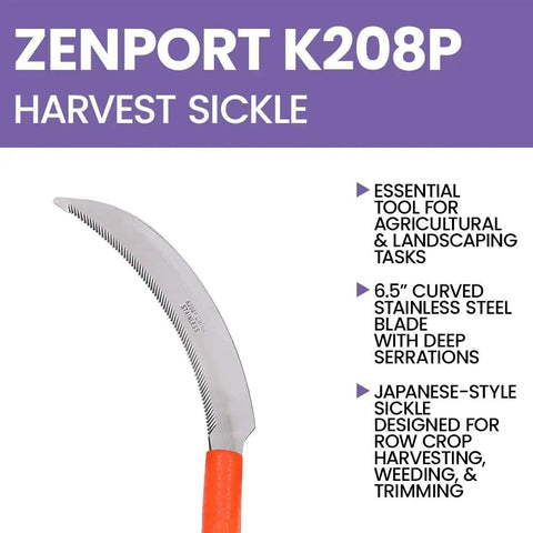 K208P Easy Grab And Go Harvest Sickle With Plastic Handle And Light Serration, 6.5 Inch Stainless Steel Blade, Japanese Style