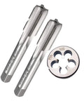 M14 X 1.25 Metric HSS Tap And Die Set For Right Hand Threads, showcasing two taps and one die in high-speed steel.