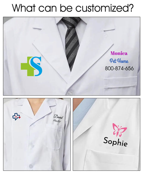 Customizable Lab Coat For Men And Women with personalized icons, names, and photos, unisex medical coat, durable 65/35 polyester cotton