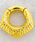 Dope Hammered V Shaped Hinged Clicker Ring For Stretched Piercings 316L Stainless Steel 4mm Thick Gauge 12mm Inner Diameter 6GA Silver Tone Jewelry For Ears And Body Piercings, shown in gold tone