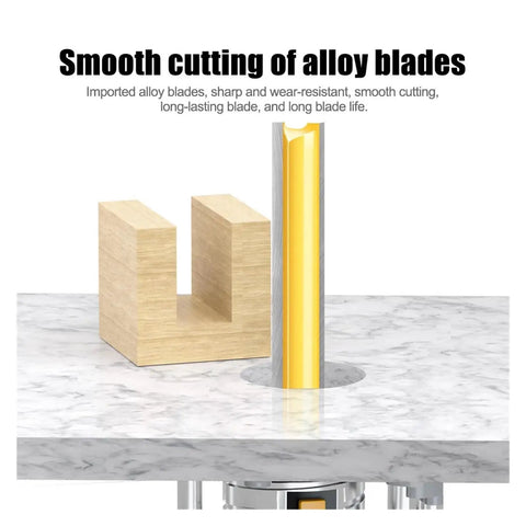 1/4 Inch Lengthened Straight Router Bit With Double Blade For Deep Slotting Clean Precise Groovin Cutter Perfect For Woodworking And Cabinetry Projects cutting through wood with smooth, sharp imported alloy blades.