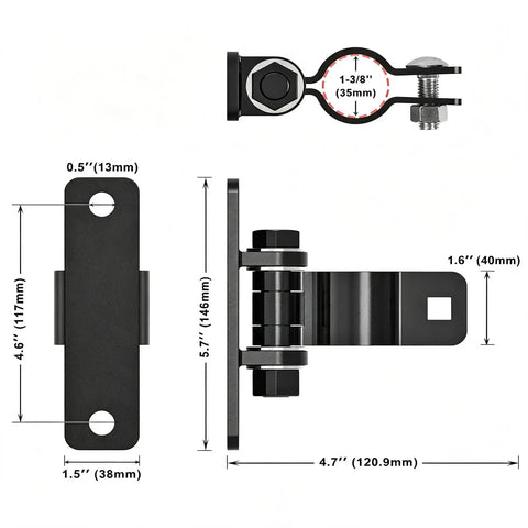 Built Like A Tank Heavy Duty Gate Hinges With Secure Removable Bolt System, dimensions shown for durability and design.