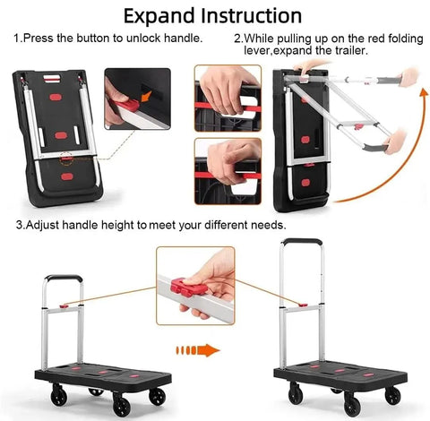 Expand instructions for Foldable Hand Truck With 330 Lbs Capacity Heavy Duty Luggage Cart Portable Push Cart Dolly With Adjustable Handle