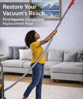 Person using Stretch Hose Attachment For Dyson Upright Vacuums DC40 DC41 DC65 UP13 UP14 UP20 Grey Red Flexible Reach Snag Free Cleaning Accessory Compatible With 92076503 92076504 to clean a high area