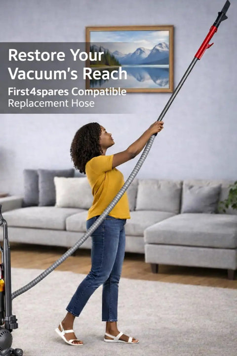 Person using Stretch Hose Attachment For Dyson Upright Vacuums DC40 DC41 DC65 UP13 UP14 UP20 Grey Red Flexible Reach Snag Free Cleaning Accessory Compatible With 92076503 92076504 to clean a high area