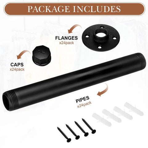 Package includes components of Dope Industrial Pipe Shelf Brackets Set Of 12, Black Iron Wall Mount DIY Shelving Brackets
