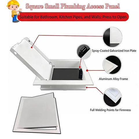 Slick White Aluminum Drywall Access Panel 21 By 24 Inch Flush Mount Crawl Space Door For Plumbing Electric Hvac Inspection Hidden Ceiling Hatch No Fuss Install with opened cover and black inner panel.