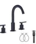 Black Bathroom Faucet With Two Handles Widespread 3 Holes Deck Mount No Fuss Install 360 Degree Swivel Spout Pop Up Drain 8 Inch Center