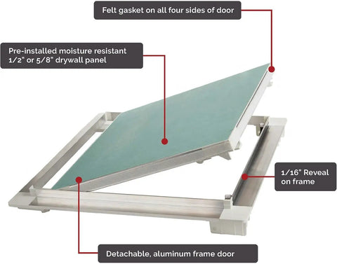 Seamless Touch Latch Drywall Access Door For Walls And Ceilings Invisible Flush Fit Dead Silent Frame Custom Finish Ready Zero Visible Hardware Top Shelf Hidden Panel 12 By 12 Inches showing felt gasket and detachable frame.