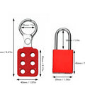 Heavy Duty Industrial Safety Lockout Tagout Kit with Tamper Proof Hasp and Six Hole Interlocking System, lock dimensions shown