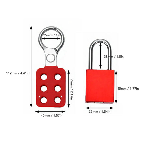 Heavy Duty Industrial Safety Lockout Tagout Kit with Tamper Proof Hasp and Six Hole Interlocking System, lock dimensions shown