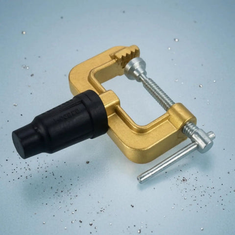 Dope Heavy Duty Grounding Clamp With Screw For Welders And Workshops Featuring Secure Insulated Handle, golden brass clamp with rubber handle.