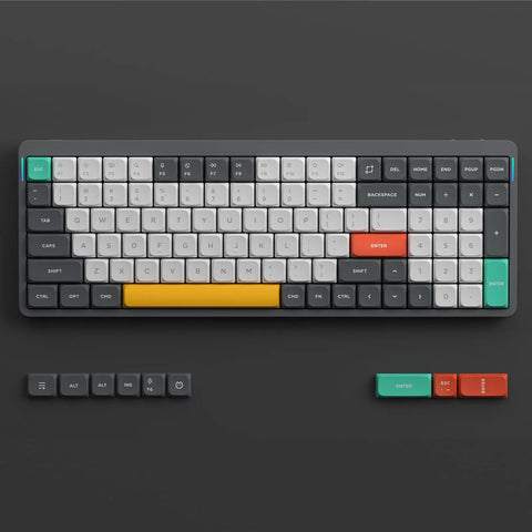 Ultra Slim Wireless Mechanical Keyboard With 100 Keys And Custom RGB Backlit Lighting Featuring Bluetooth Five Point One And Fast Wired Modes For Pcs Mac Laptops In Sleek Grey With Smooth Gateron Aloe Switches That Hit Different Daily layout showcasing key arrangement and color accents