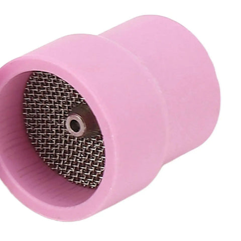 Premium Ceramic Welding Cup Set Alumina Lens Kit For WP9 20 25 17 18 26 TIG Torch with stainless steel filter nozzle close-up.