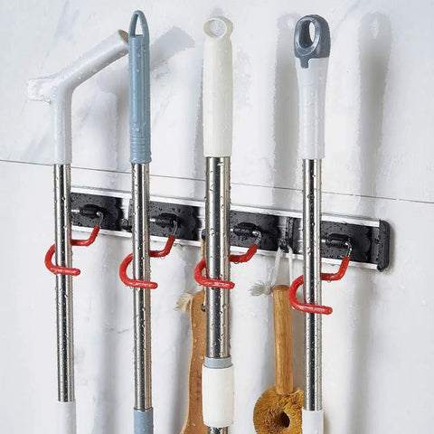 Space Saving Stainless Steel Wall Mount Mop And Broom Holder With S Type Grippers No Fuss Anti Slip Mop Rack Removable And Flexible 17 Inch 4 Positions And 3 Hooks Red Black holding mops