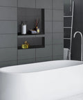Recessed Shower Niche Organizer With Two-Tier Shelves, 14x16.5 Big Grid And 14x6 Small Grid in black tile wall bathroom
