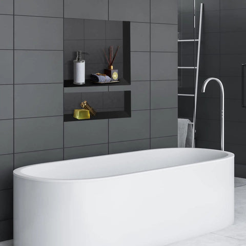 Recessed Shower Niche Organizer With Two-Tier Shelves, 14x16.5 Big Grid And 14x6 Small Grid in black tile wall bathroom