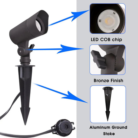 LED Landscape Pathway Lights With Connectors 12V Low Voltage Warm White 3000K 4W 175LM spotlight showing bronze finish and COB chip, spike stand