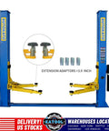 KATOOL 11000lb two-post car lift with blue posts and yellow arms; includes +3.9in extension adaptors.