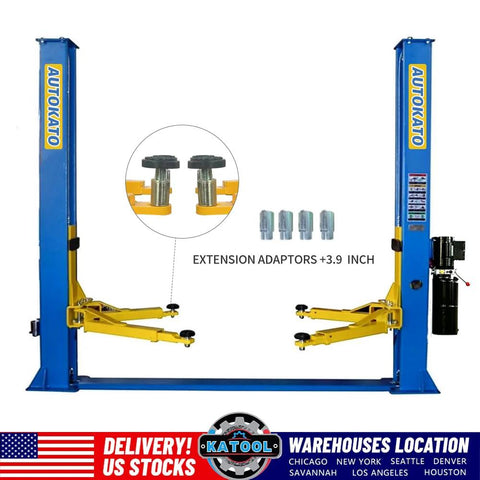 KATOOL 11000lb two-post car lift with blue posts and yellow arms; includes +3.9in extension adaptors.