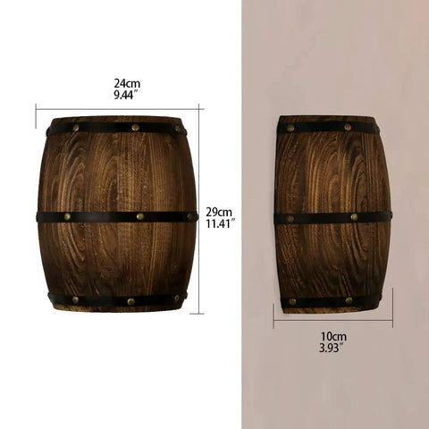 Antique Wood Wine Barrel Wall Sconce For Bar Area With Up And Down Lighting Steampunk Vibe Indoor Wall Lamp shown front and side