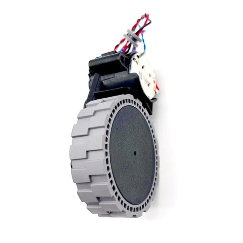 Side view of left wheel assembly for Ecovacs Omni vacuum, gray ribbed wheel with motor and wiring