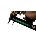 Close-up of 18 Gauge Narrow Crown Stapler Kit with Oil-Free Operation, showing selectable trigger and nail lockout feature in hand.