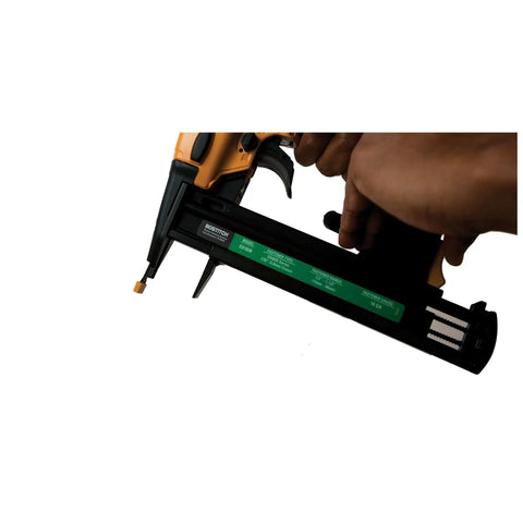 Close-up of 18 Gauge Narrow Crown Stapler Kit with Oil-Free Operation, showing selectable trigger and nail lockout feature in hand.