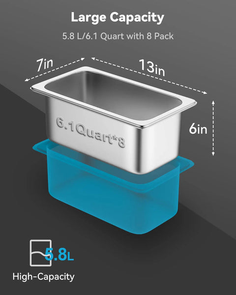 8 Pack Hotel Pans With Lids, One Third Size 6 Inch Deep Stainless Steel Steam Table Pans, dimension details with large capacity