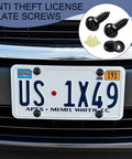 Bombproof Stainless Steel Anti Theft License Plate Bolts Kit with tamper proof screws securing a license plate on a vehicle.