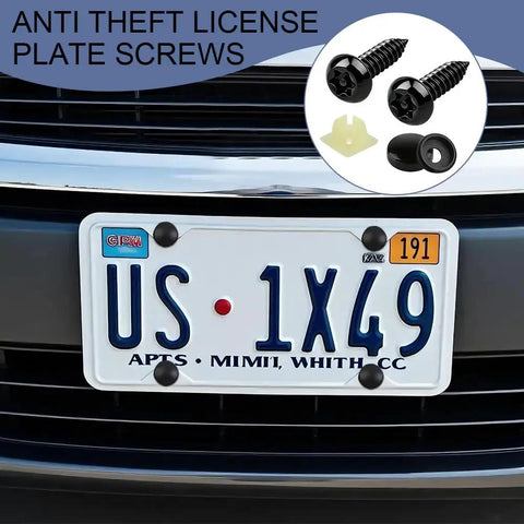 Bombproof Stainless Steel Anti Theft License Plate Bolts Kit with tamper proof screws securing a license plate on a vehicle.