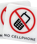 Log Off And Chill Out Self Adhesive Acrylic Sign Pack Of 2 3.95 Inch Square Weatherproof No Cellphone Zone Sticker With Bold Print For Cafes Or Offices, showing two signs with no cellphone graphic.