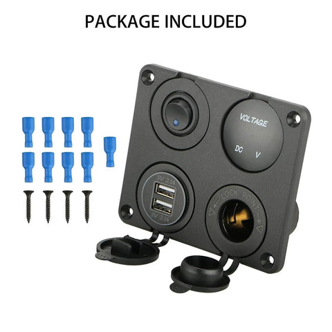 4 In 1 Car Charger Panel With LED Voltmeter And Dual USB 4.2A Fast Charge Cigarette Lighter Socket LED Rocker Switch 12V 24V Power Hub