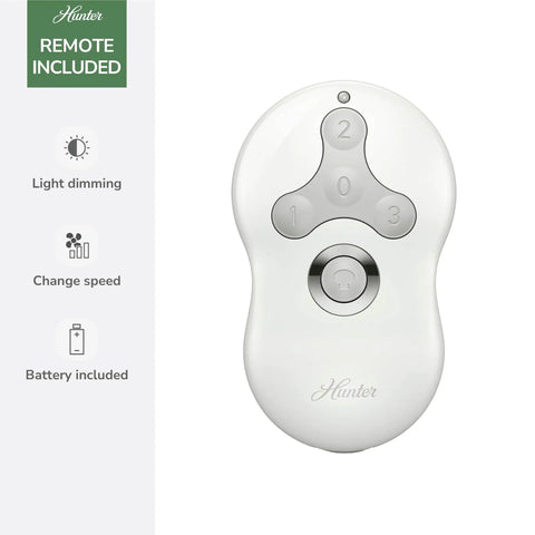Hunter brand remote control for 52 Inch Indoor Ceiling Fan No Light With Remote Control, Modern Flush Mount, Low Profile 4 Blade Brushed Nickel Ceiling Fan For Bedroom Living Room Kitchen, Quiet Energy Efficient Airflow shown with features such as light dimming, speed control, and battery inclusion.