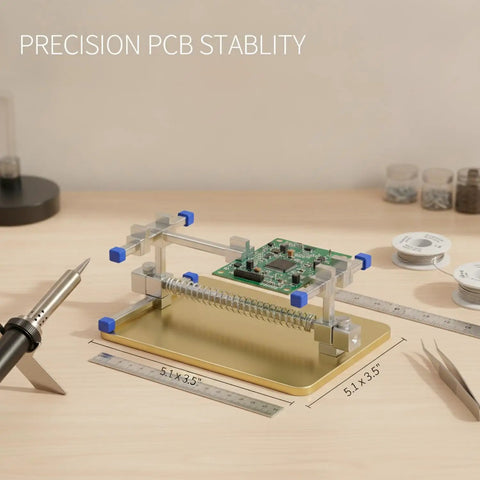 Versatile PCB Soldering Clamp For 3mm To 8mm Boards Gold Finish Stainless Steel Bench Fixture That Holds Circuit Boards Steady Handy Keeping Both Hands Free For Precise DIY Electronics Assembly holding a PCB on a workbench.