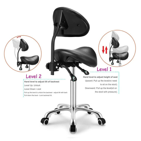 Saddle Stool On Wheels With Backrest Rolling Height Adjustable Ergonomic Saddle Chair for Hair Salons and Spas