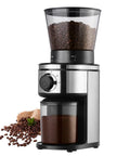Straight Up Smooth Electric Conical Burr Coffee Grinder Sporting 30 Precision Adjustments with coffee beans and ground coffee visible.