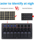 Universal 8 Gang LED Rocker Switch Panel for Boats and Trailers 12V/24V with transparent vs normal stickers detail