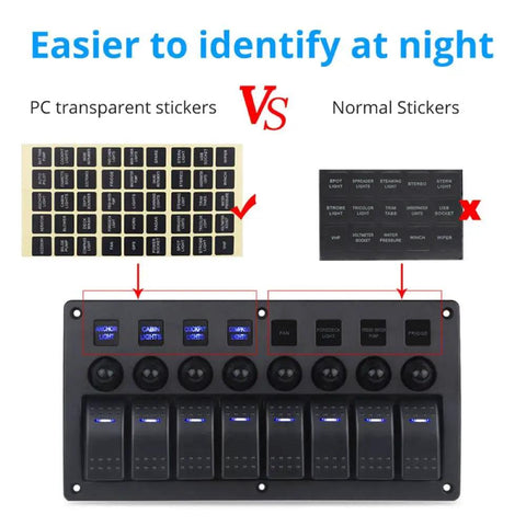 Universal 8 Gang LED Rocker Switch Panel for Boats and Trailers 12V/24V with transparent vs normal stickers detail