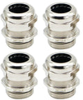 Set of four NPT Three Quarter Inch Nickel Plated Brass Waterproof Cable Glands with adjustable 13-18 mm IP68 connectors.