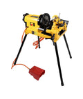 Steel Dragon Tools 300 Compact Pipe Threader Machine With Self Opening Die Head And Two Dies on a stand with foot pedal.