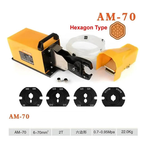 Heavy Duty Pneumatic Terminal Crimping Tool With No Sweat Air Pressure Adjustment For Semi Automatic Cold Press And Non Insulated Cable Lugs Professional Grade Workhorse, hexagon dies, yellow design.