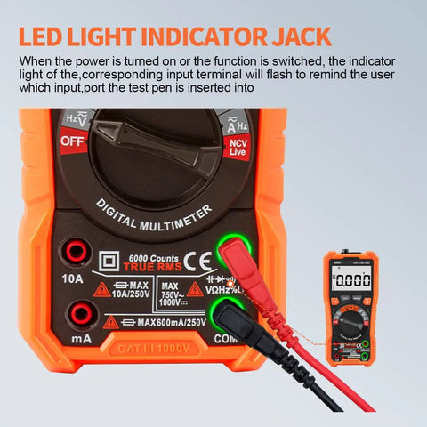 Close-up of Digital Multimeter For DIYers And Pros True RMS 10A 1000V 6000 Counts with LED jack indicator and test probes.
