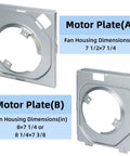 BKR60 Bath Fan Upgrade Kit With Replacement Motor And Grille For Series 696NR02 showing motor plates A and B with dimensions.